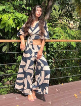 Crystal Wrap Top - Abstract Block Print Black and Coffee