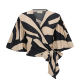 Crystal Wrap Top - Abstract Block Print Black and Coffee