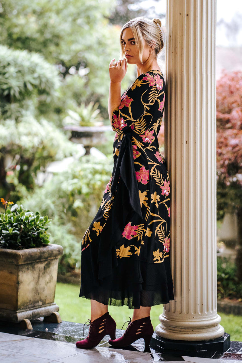 Bonny Wrap Dress - Mystery Gardenia Print  Midnight Rose