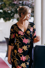 Bonny Wrap Dress - Mystery Gardenia Print  Midnight Rose