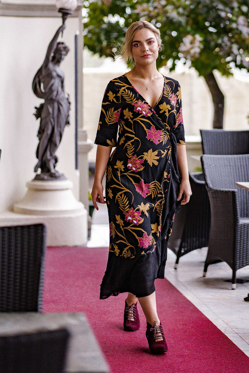 Bonny Wrap Dress - Mystery Gardenia Print  Midnight Rose