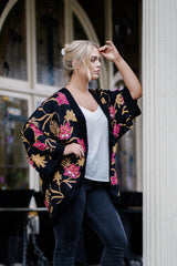 Holly Kimono - Mystery Gardenia Print Midnight Rose