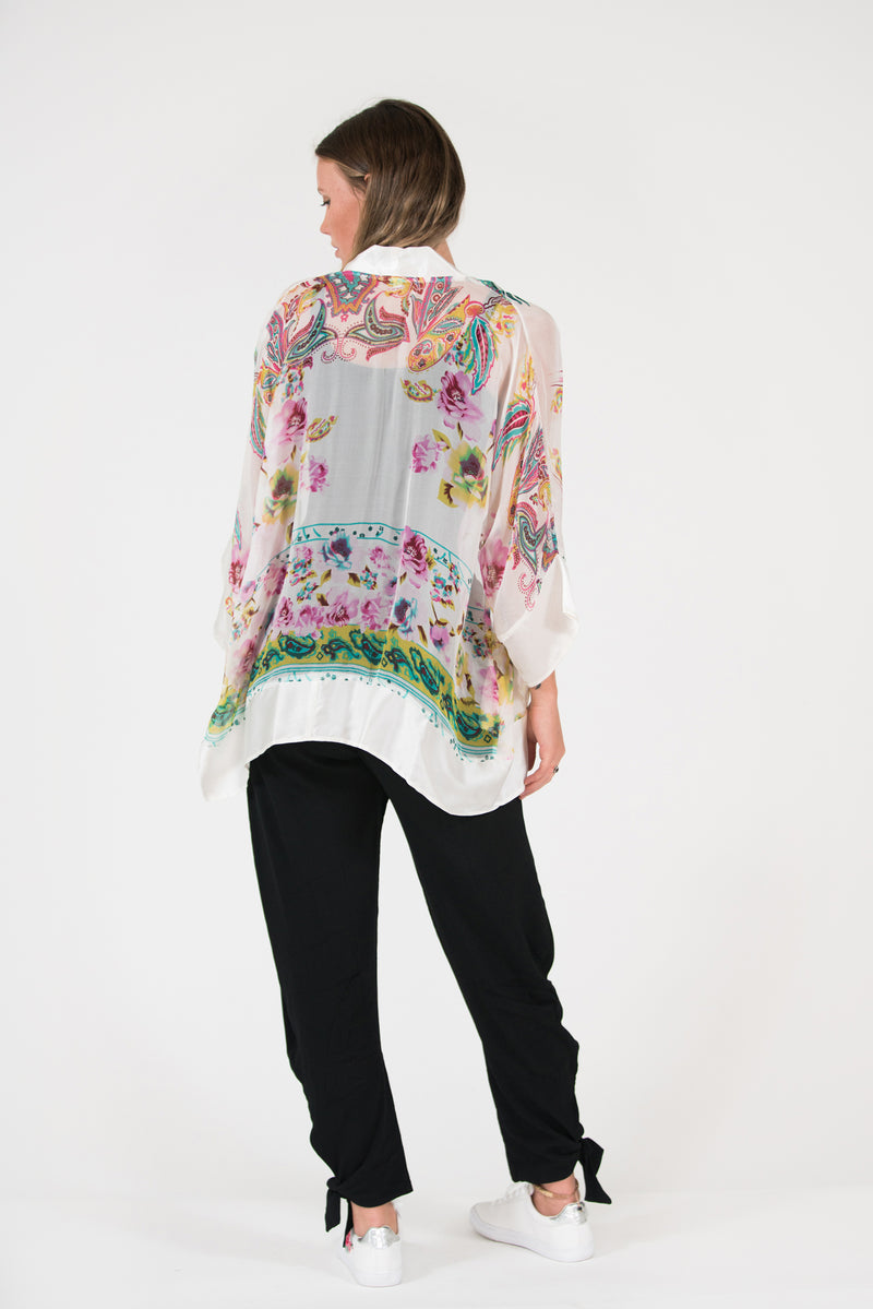 White printed 100% silk kimono