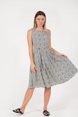 printed Isabella dress classic vintage style pleated skirt fitted waist flattering