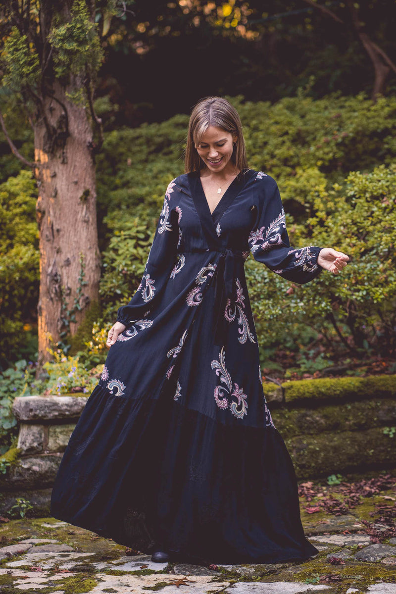 Nellie Dress  - Paisley Black/embroidered rose Black