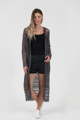 Quinns crochet lace over-dyed long cardigan dressy easy stylish charcoal