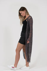 Quinns crochet lace over-dyed long cardigan dressy easy stylish charcoal