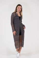 Quinns crochet lace over-dyed long cardigan dressy easy stylish charcoal