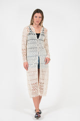 Quinns lace crochet cream coat with covered buttons and scalloped edge